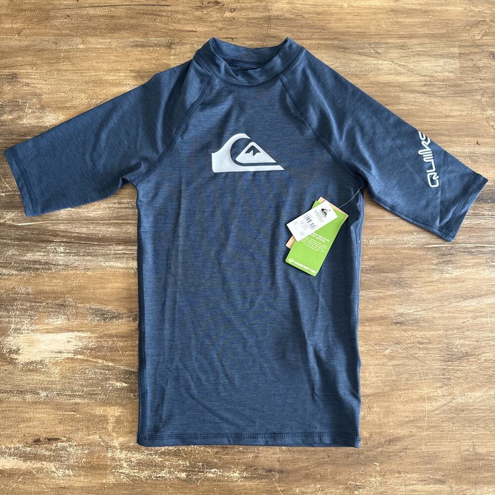 Quiksilver Big Boys M/12 All Time UV Rash Guard Blue Short Sleeve Surf Swim